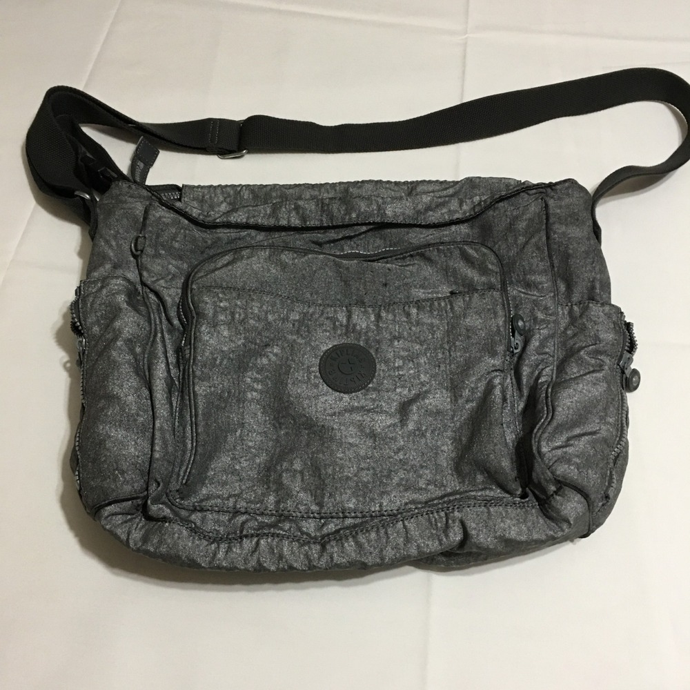 Kipling Messenger Bag Unisex Gray Metallic Crinkle Nylon Crossbody